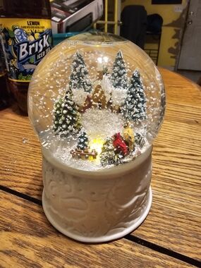 Festive White Snow Globe with Winter Village and Birds